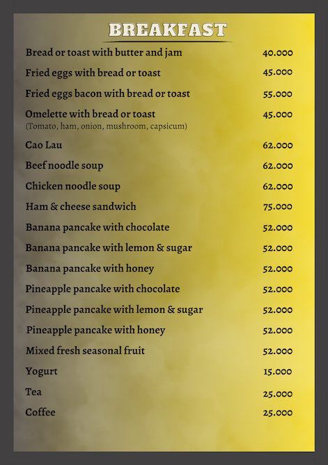 Breakfast An Bang Beach Menu